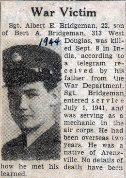Newspaper clipping - reporting death of Albert Bridgeman