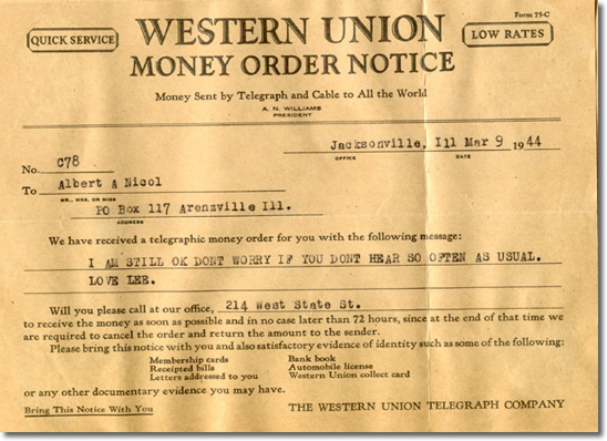Telegram from Lee to his parents